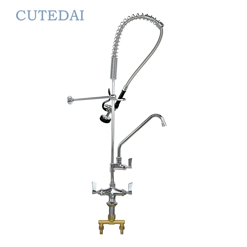 Rubinetto da cucina cromato pre-risciacquo, montaggio su piano, due maniglie, design industriale da 10 pollici, materiale in ottone, doccetta estraibile 1