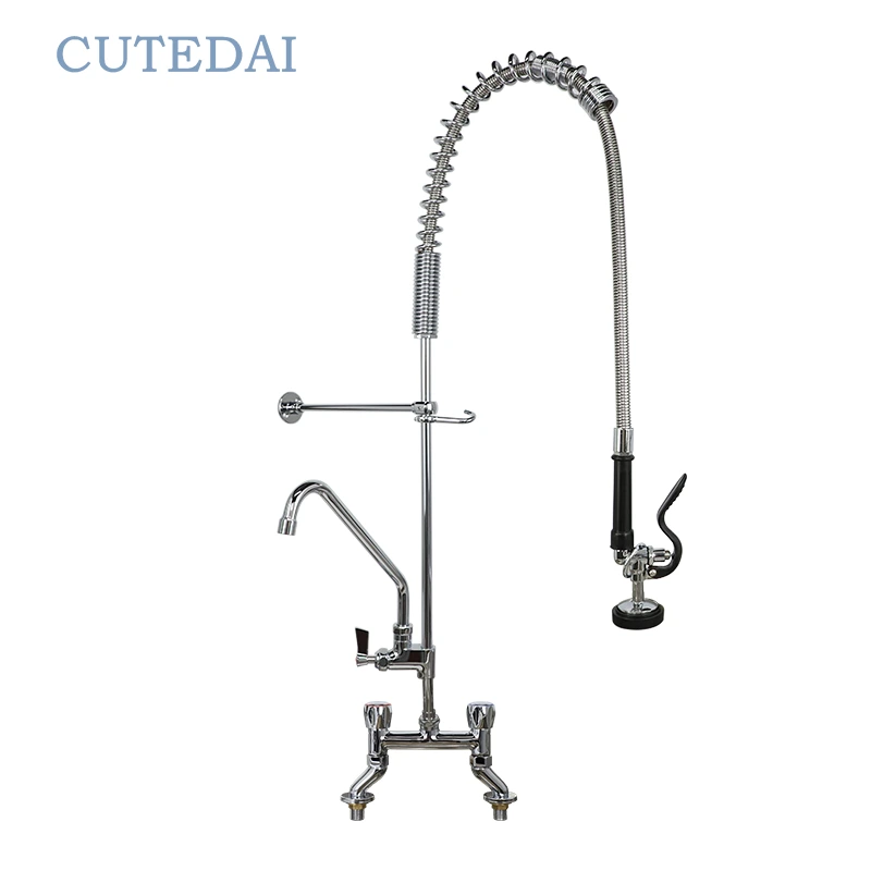 Torneira comercial de montagem em bancada com pré-enxágue, modelo industrial, com furo ajustável, em latão, com mola e bico extensível, ideal para cozinhas e hotéis. 1