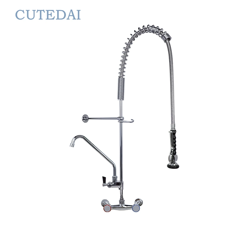 현대적인 디자인 풀다운 사전 린스 주방 수도꼭지 상업용 황동 믹서 탭 스윙 수도꼭지 호텔 2홀 설치 1