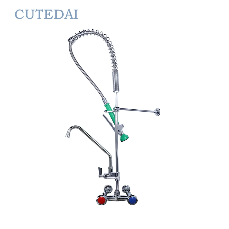 Grifo de cocina con rociador extraíble de dos manijas cromado y latón clásico, grifo de cocina comercial de montaje en pared, diseño industrial para 1