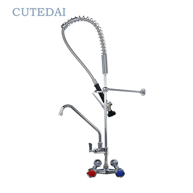 Torneira de cozinha profissional comercial em latão com pré-enxágue, design industrial, 2 furos, para hotéis e restaurantes. 1