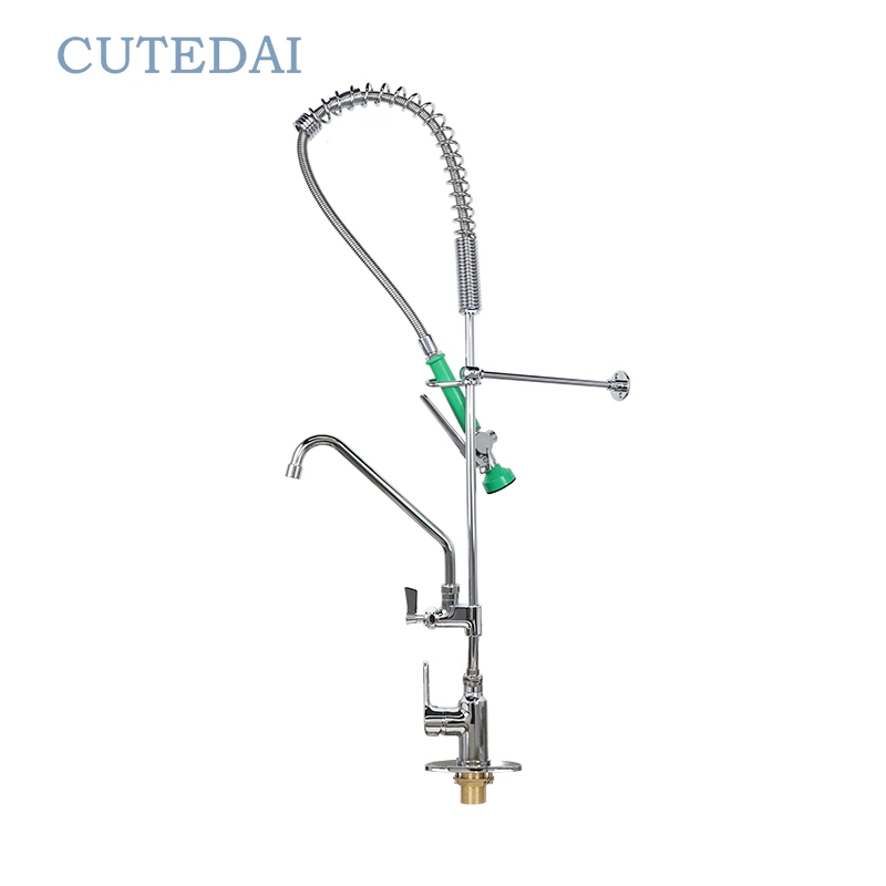 47-calowy kran kuchenny do montażu na blacie, z wykończeniem w kolorze mosiądzu i chromu, do kuchni komercyjnej, z funkcją wstępnego płukania, z wyciąganą wylewką, odporny na wysokie ciśnienie i temperaturę 1