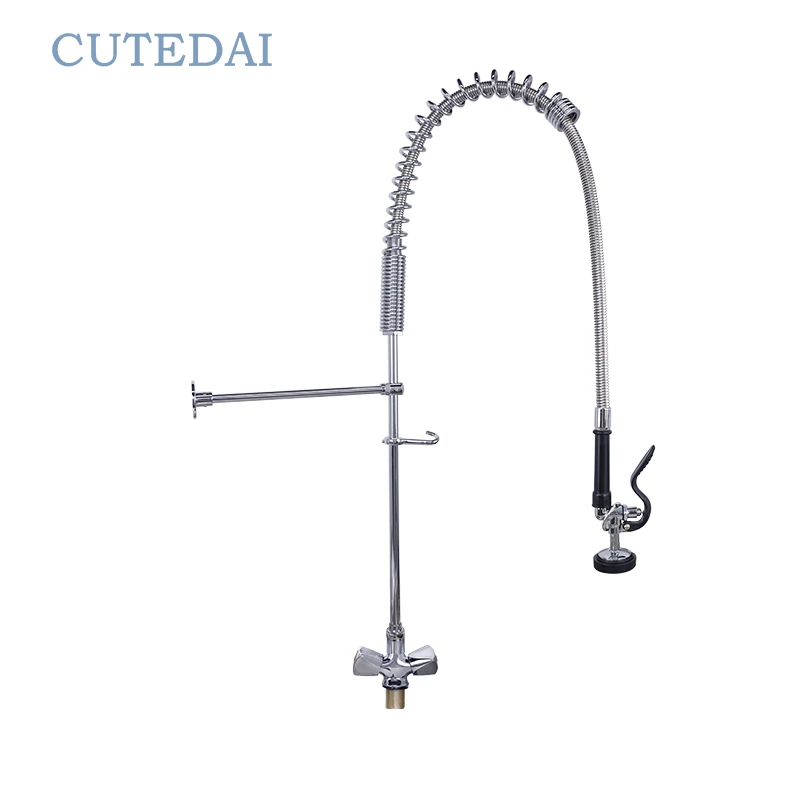 صنبور مطبخ تجاري بمقبض مزدوج وسحب للأسفل قبل الشطف بتصميم صناعي للاستخدام في الفنادق مصنوع من النحاس 1