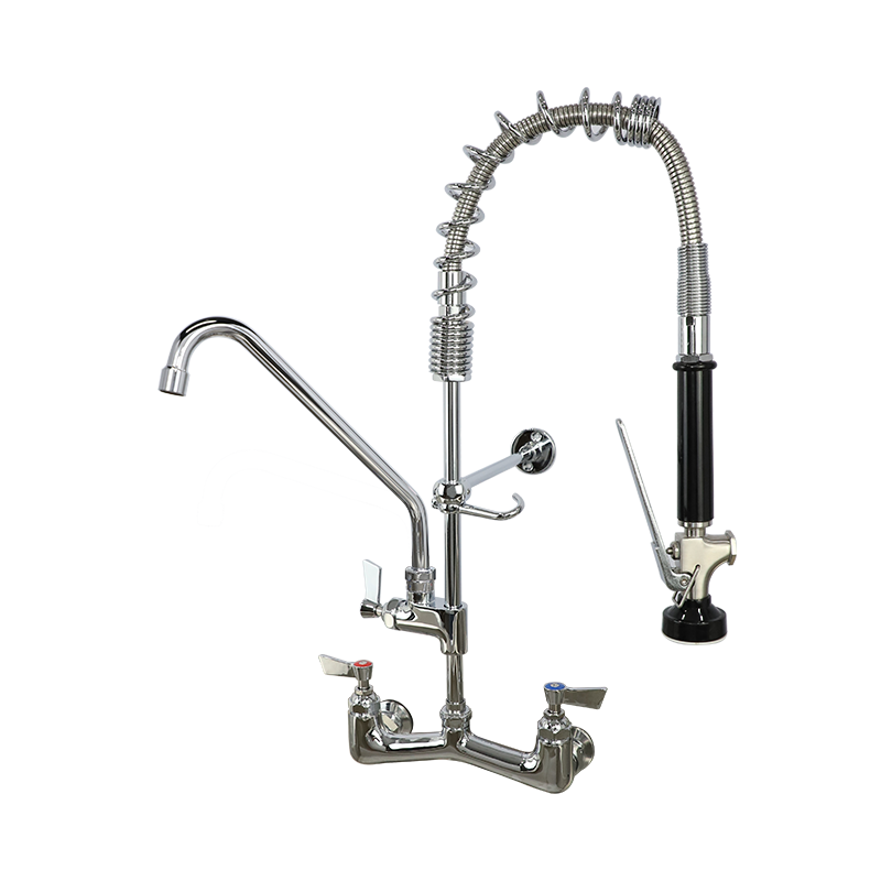 Commercial 47 Height Chrome Dual Handle Brass Sink Faucet Pull-Down Sprayer Restaurant Industrial Kitchen 2-Hole Wall-Mounted 1