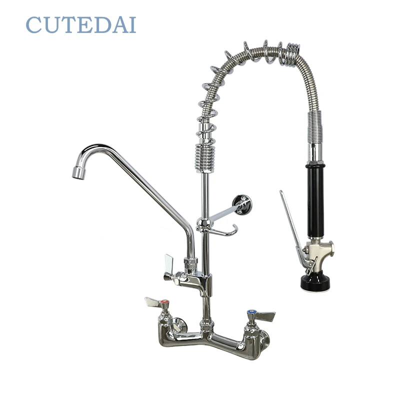 ก๊อกน้ำอ่างล้างจานทองเหลืองชุบโครเมียมสูง 47 นิ้ว พร้อมด้ามจับคู่และหัวฉีดแบบดึงลง เหมาะสำหรับร้านอาหารและครัวอุตสาหกรรม ติดตั้งแบบ 2 รู ติดผนัง 1