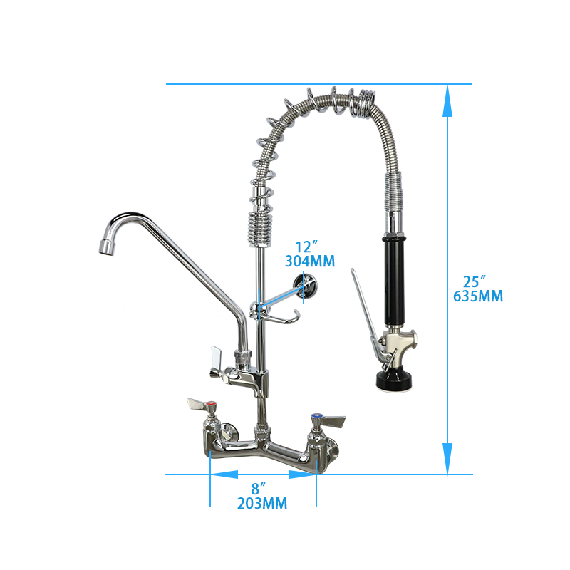 Commercial 47 Height Chrome Dual Handle Brass Sink Faucet Pull-Down Sprayer Restaurant Industrial Kitchen 2-Hole Wall-Mounted 3