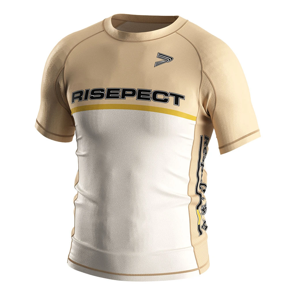 Rise 2.0 Custom Bjj Short Sleeve Rash Guard MMA Wholesale Light Yellow Warrior Sword 1