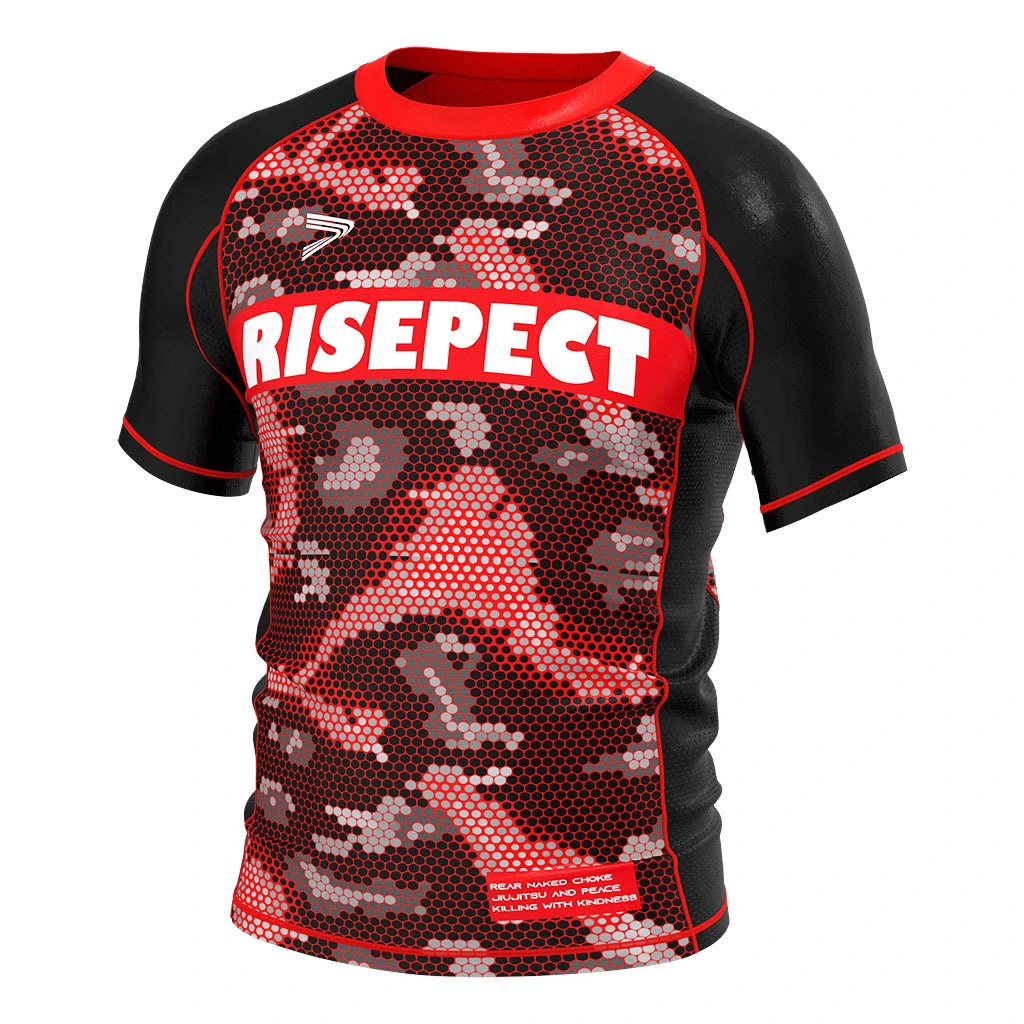 Rise 2.0 Custom Bjj Short Sleeve Rash Guard MMA Wholesale Camo Honeycomb Black and RED 1