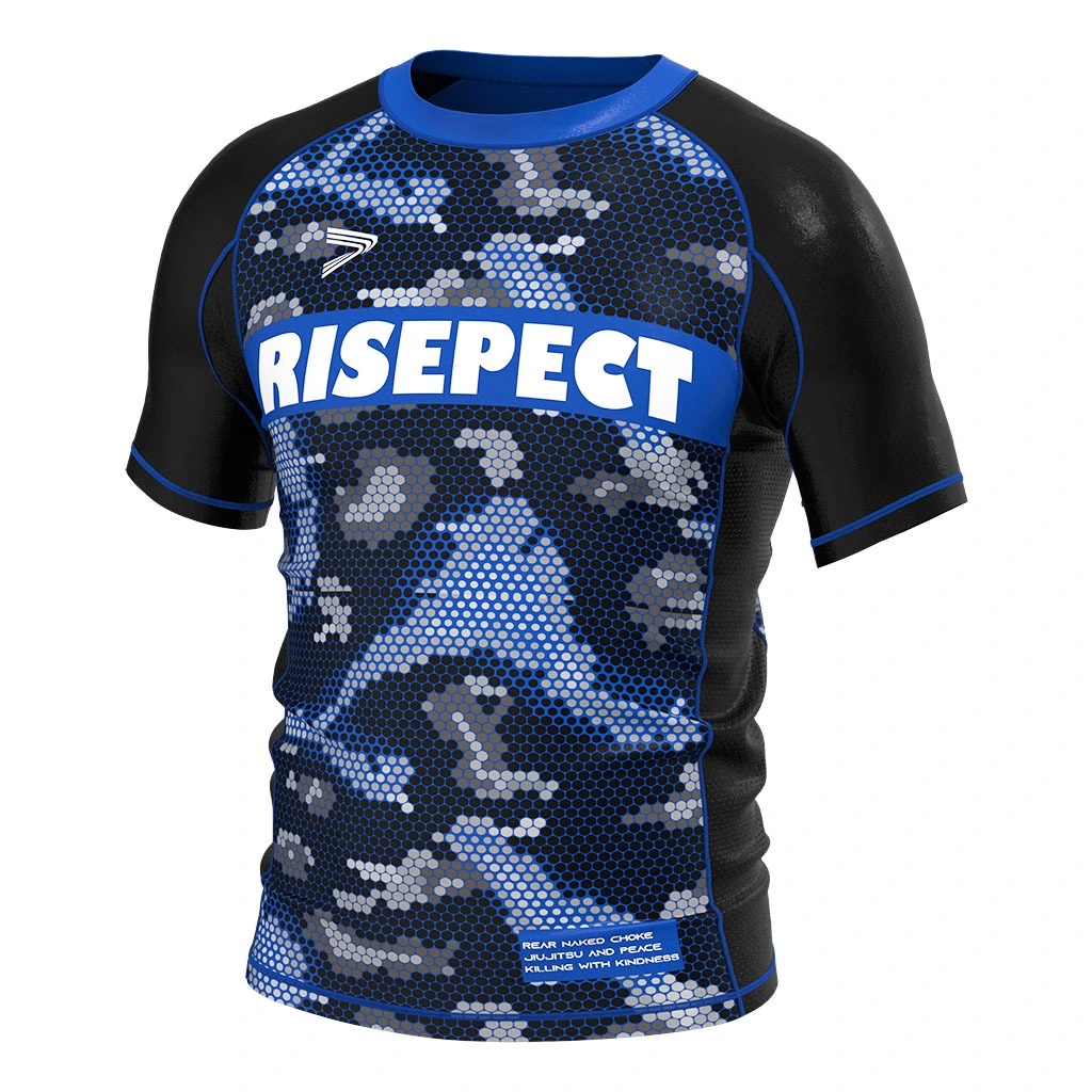 Rise 2.0 Custom Bjj Short Sleeve Rash Guard MMA Wholesale Camo Honeycomb Black and Blue 1