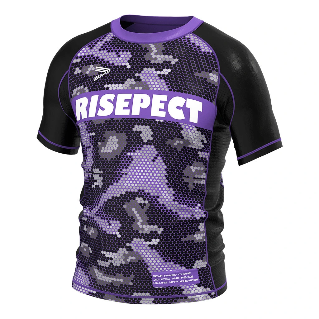 Rise 2.0 Custom Bjj Short Sleeve Rash Guard MMA Wholesale Camo Honeycomb Black and purple 1