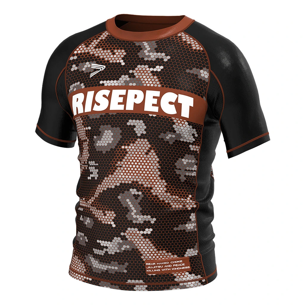 Rise 2.0 Custom Bjj Short Sleeve Rash Guard MMA Wholesale Camo Honeycomb Black and Brown 1