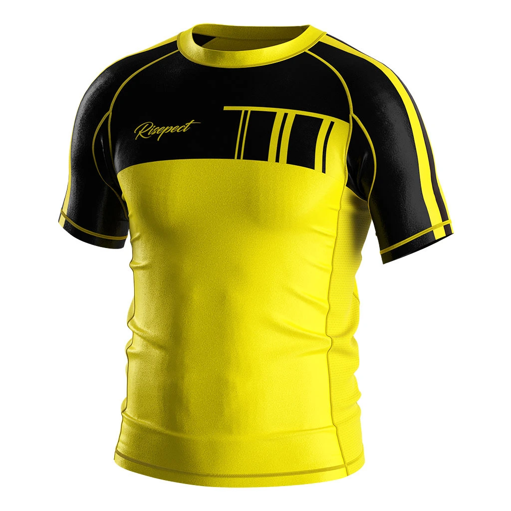 Rise 2.0 Custom Wholesale Bjj MMA Short Sleeve Rash Guard Yellow Black 1