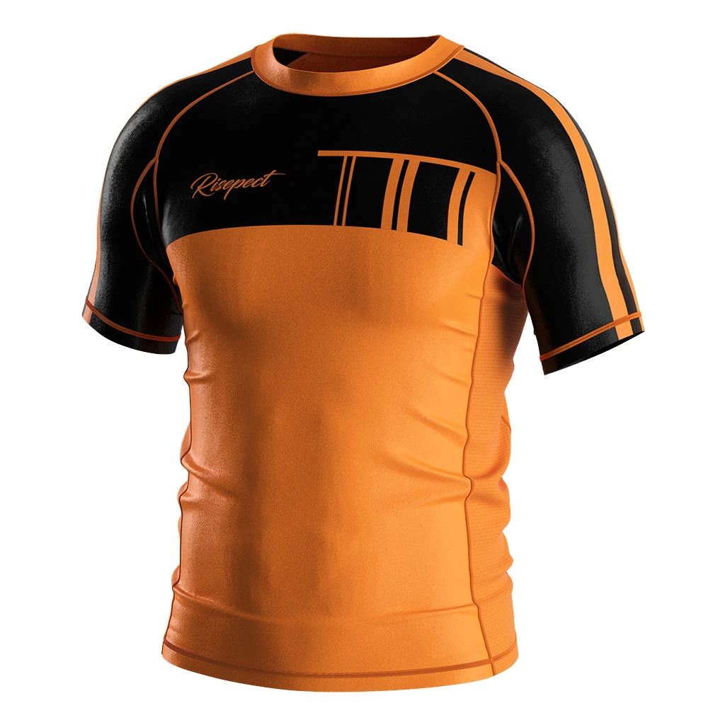 Rise 2.0 Custom Wholesale Bjj MMA Short Sleeve Rash Guard Orange Black 1