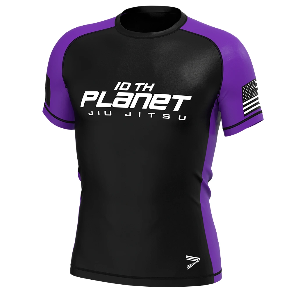 Rise MMA BJJ JIUJITSU Short Sleeve Rash Guard Purple Orange 1