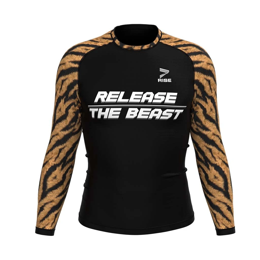 Rise JIUJITSU MMA BJJ Long Sleeve Rash Guard Black tiger pattern 1