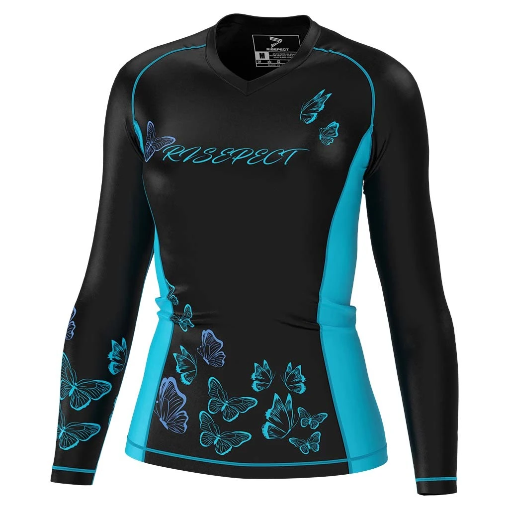 Rise JIUJITSU MMA BJJ Long Sleeve Rash Guard Black blue butterfly 1