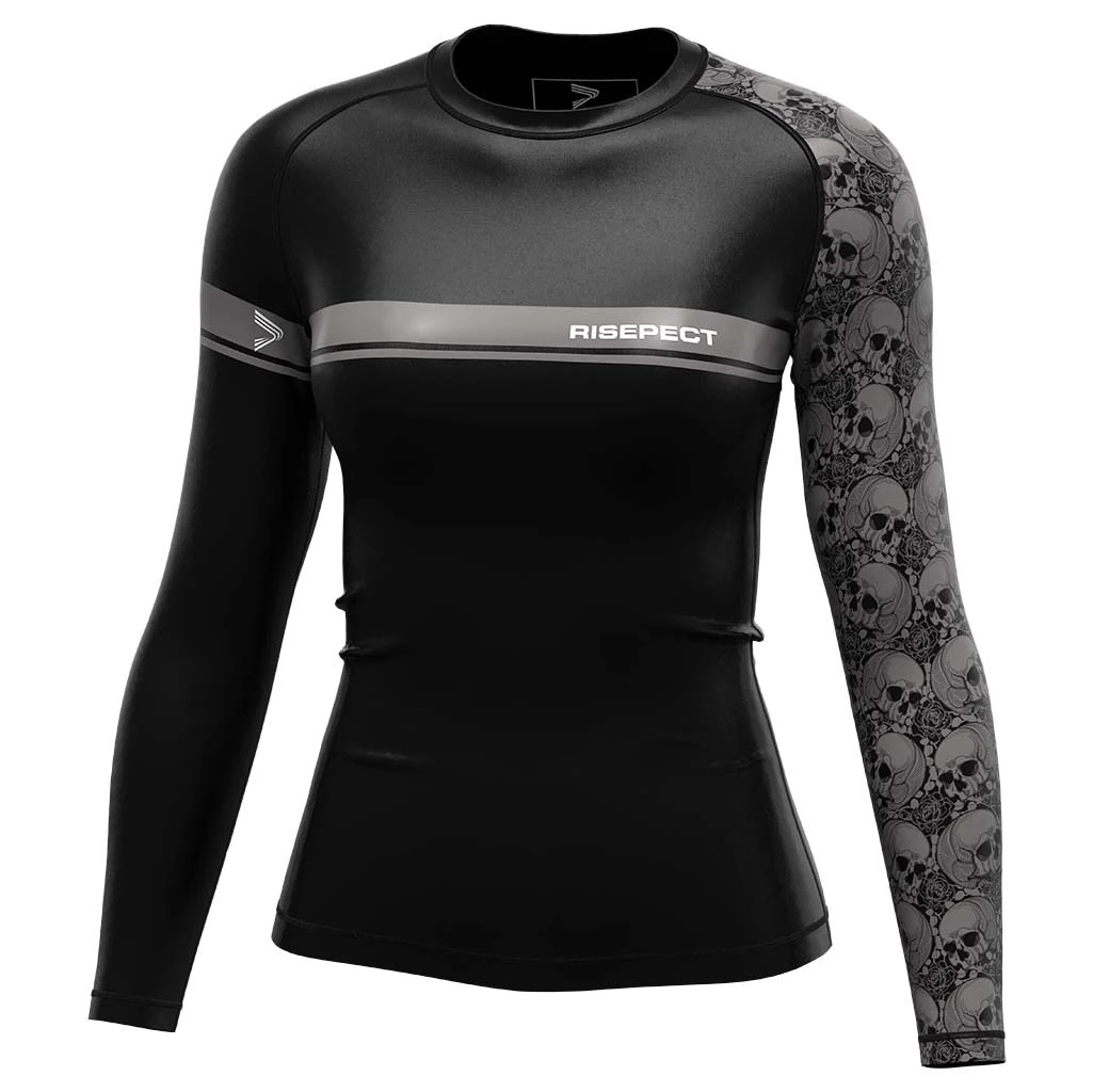 Rise JIUJITSU MMA BJJ Long Sleeve Rash Guard Black Woman Skeleton Arm 1