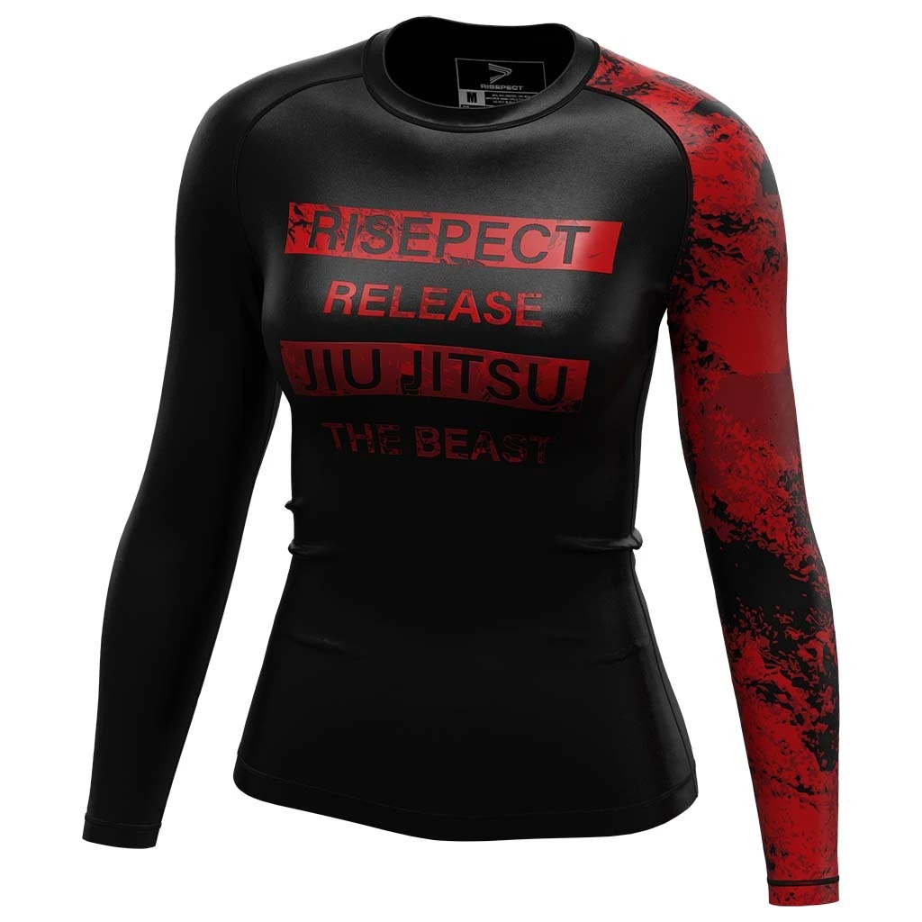 Rise JIUJITSU MMA BJJ Long Sleeve Rash Guard Black Woman Red Arm 1