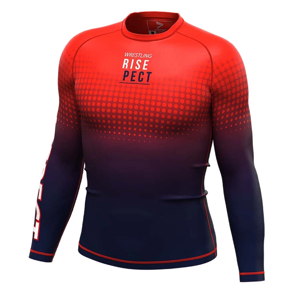 Rise JIUJITSU MMA BJJ Long Sleeve Rash Guard Swimming Red Gradient Wave Dots 1