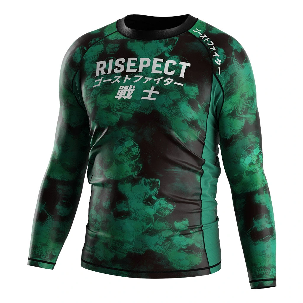 Rise 2.0 BJJ Long Sleeve Rash Guard Green Skeleton Head 1