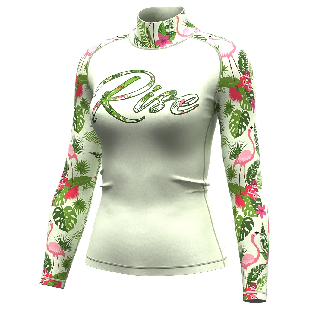 Rise JIUJITSU Long Sleeve Rash Guard Swimming Woman Flamingo Green Leaves 1