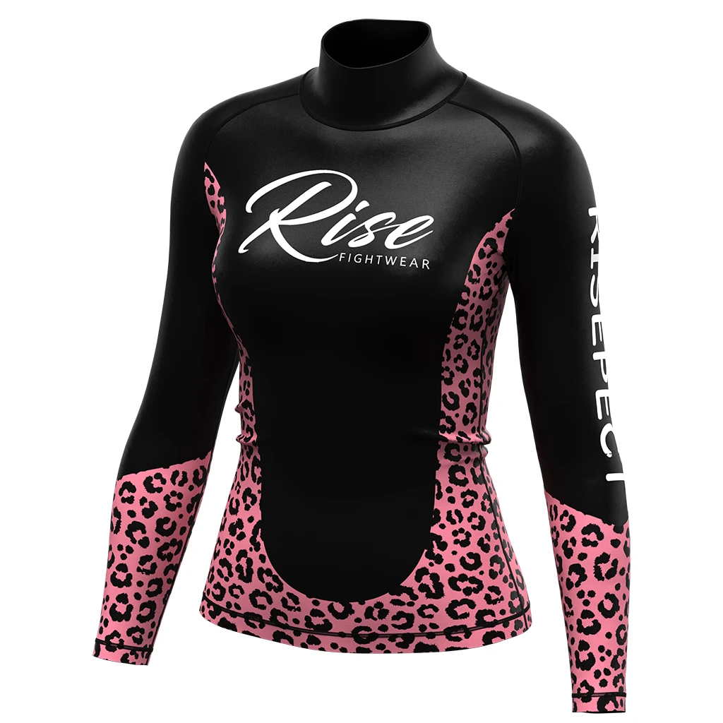 Rise MMA Long Sleeve Rash Guard Swimming Woman Pink leopard print 1