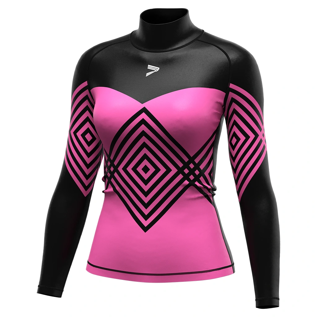 Risepect Long Sleeve Rash Guard swimming woman black pink Geometric pattern 1