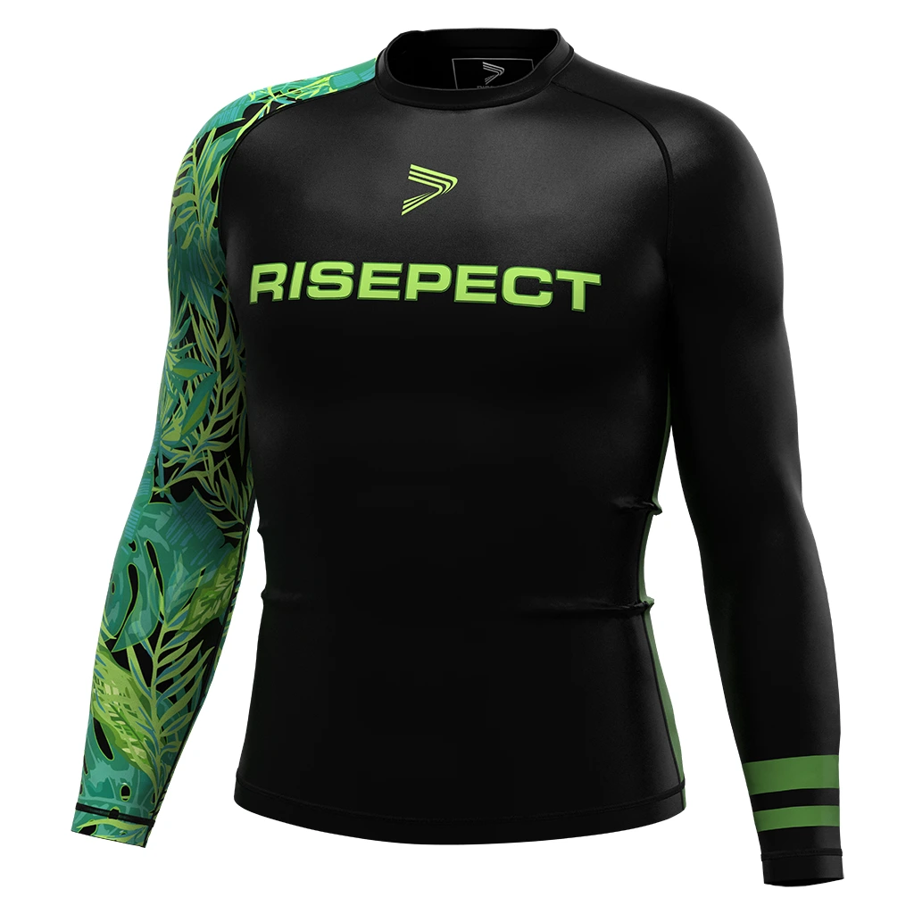 Rise JIUJITSU MMA BJJ Long Sleeve Rash Guard swimming Men's Black green contrasting leaves 1