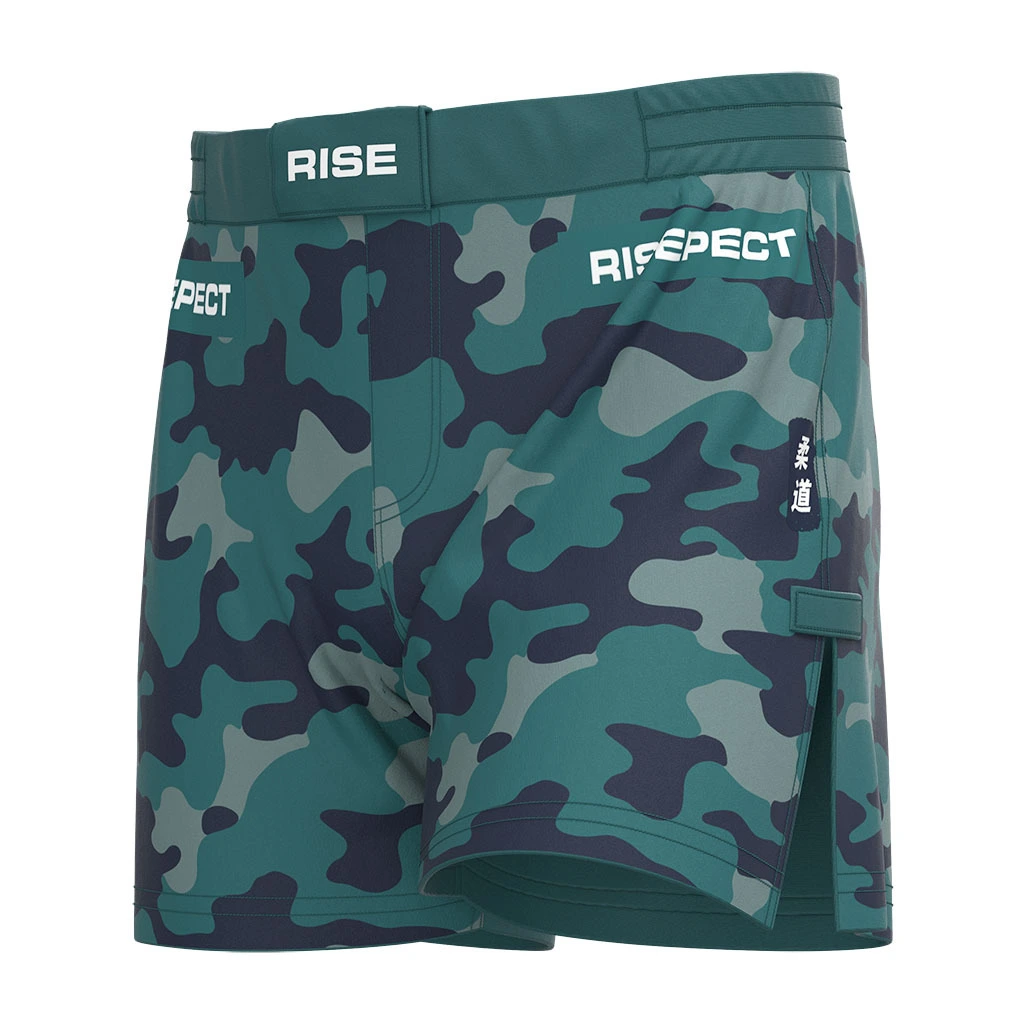 Rise Jiujitsu BJJ MMA Shorts High Split Blue Green Camo 1