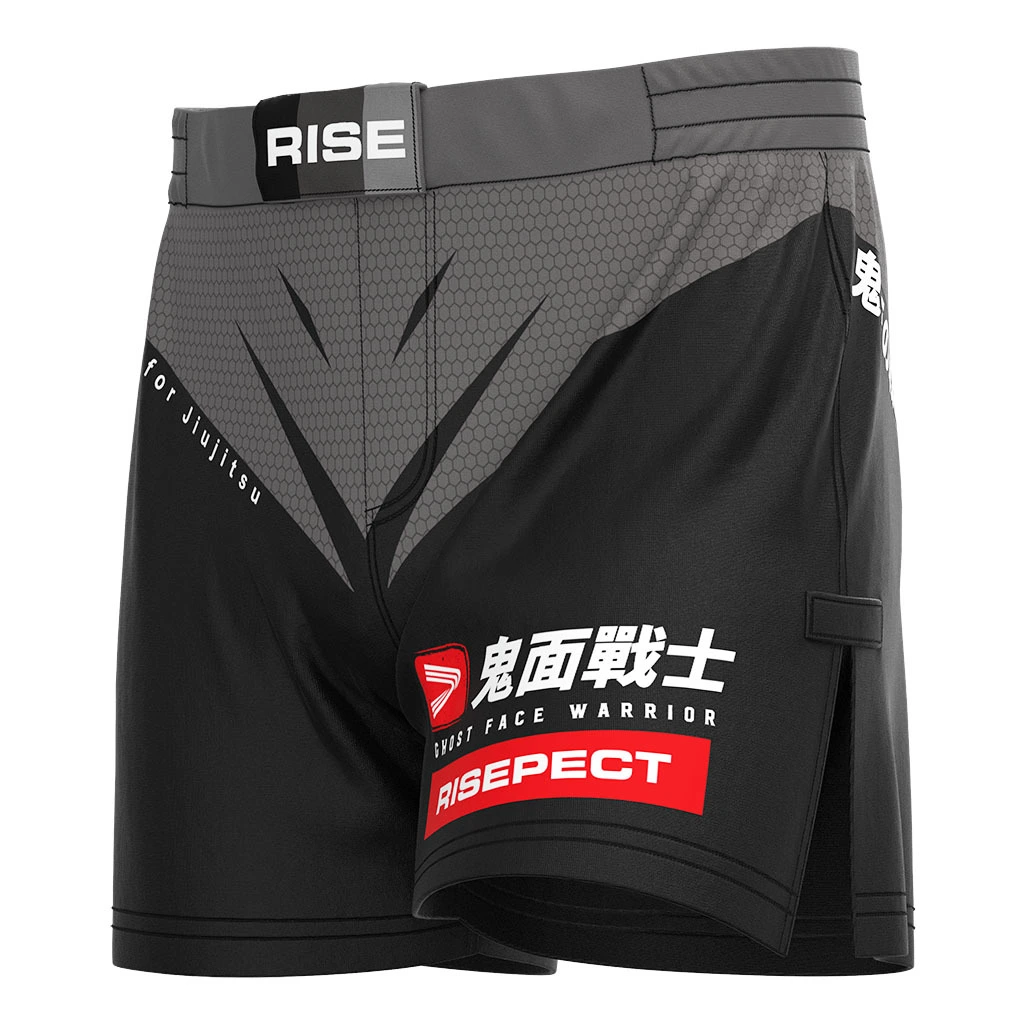 Rise Jiujitsu BJJ MMA Shorts High Split Black Ghost Face Warrior 1