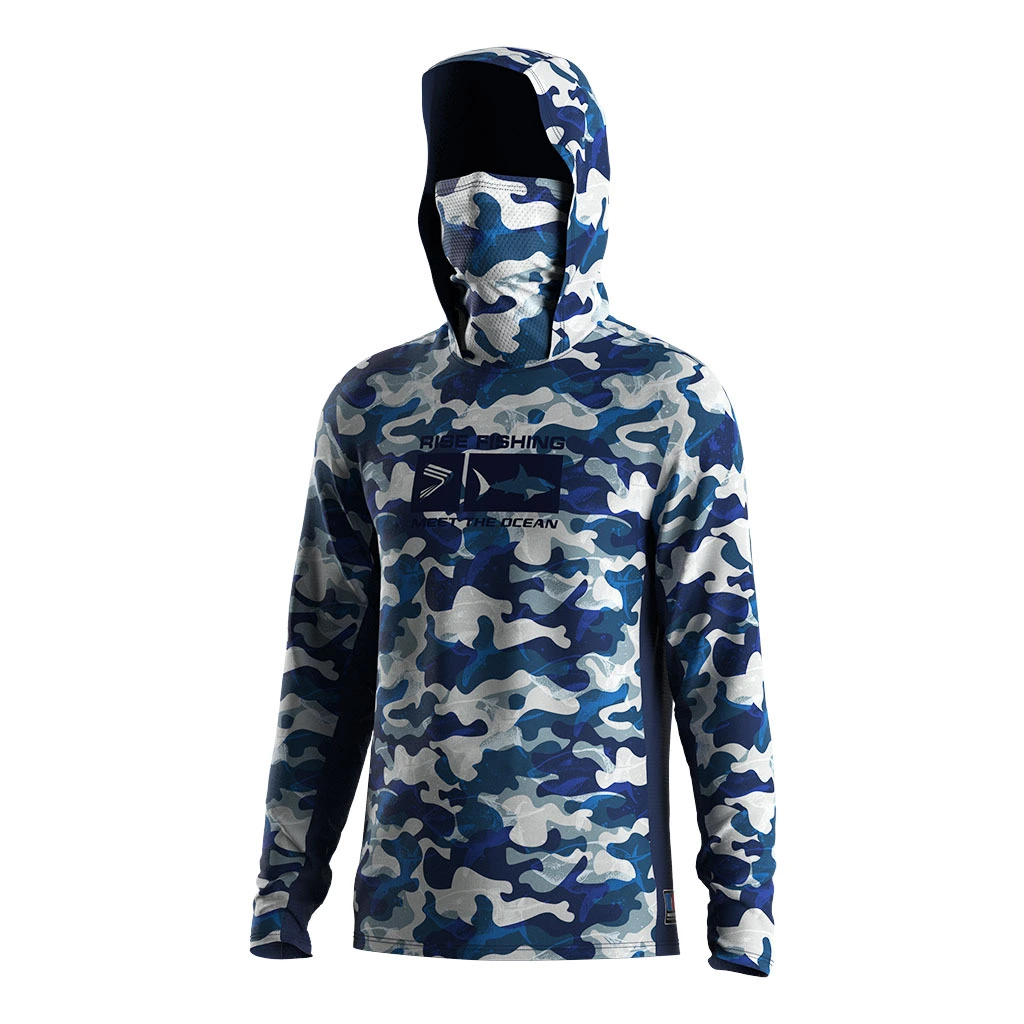 Rise Fishing Mask Hooded Shirts Men's blue professional camouflage 1
