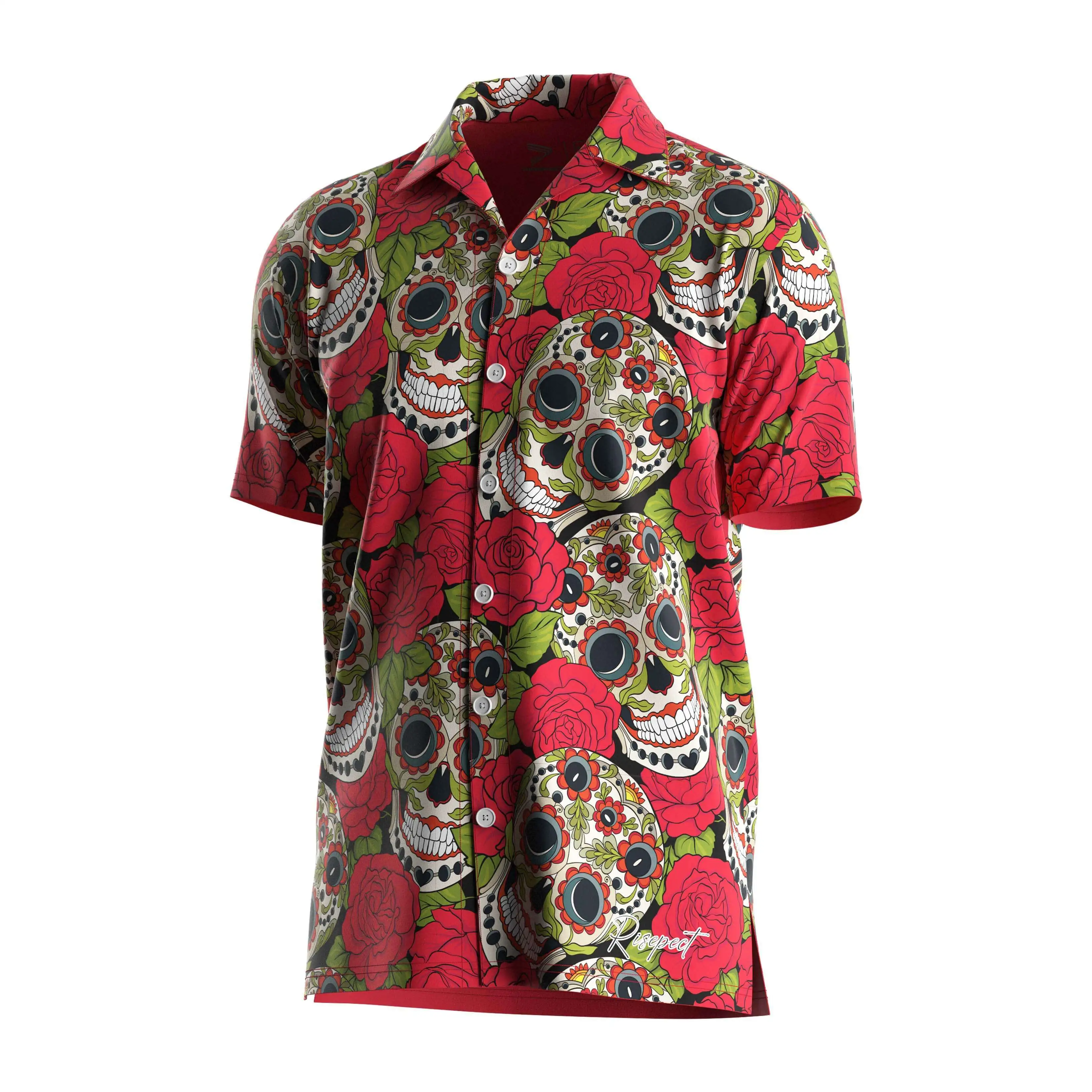 RISE Hawaiian shirts trends upf50+ beach wear Red rose skull V Neck short sleeves with button down 1