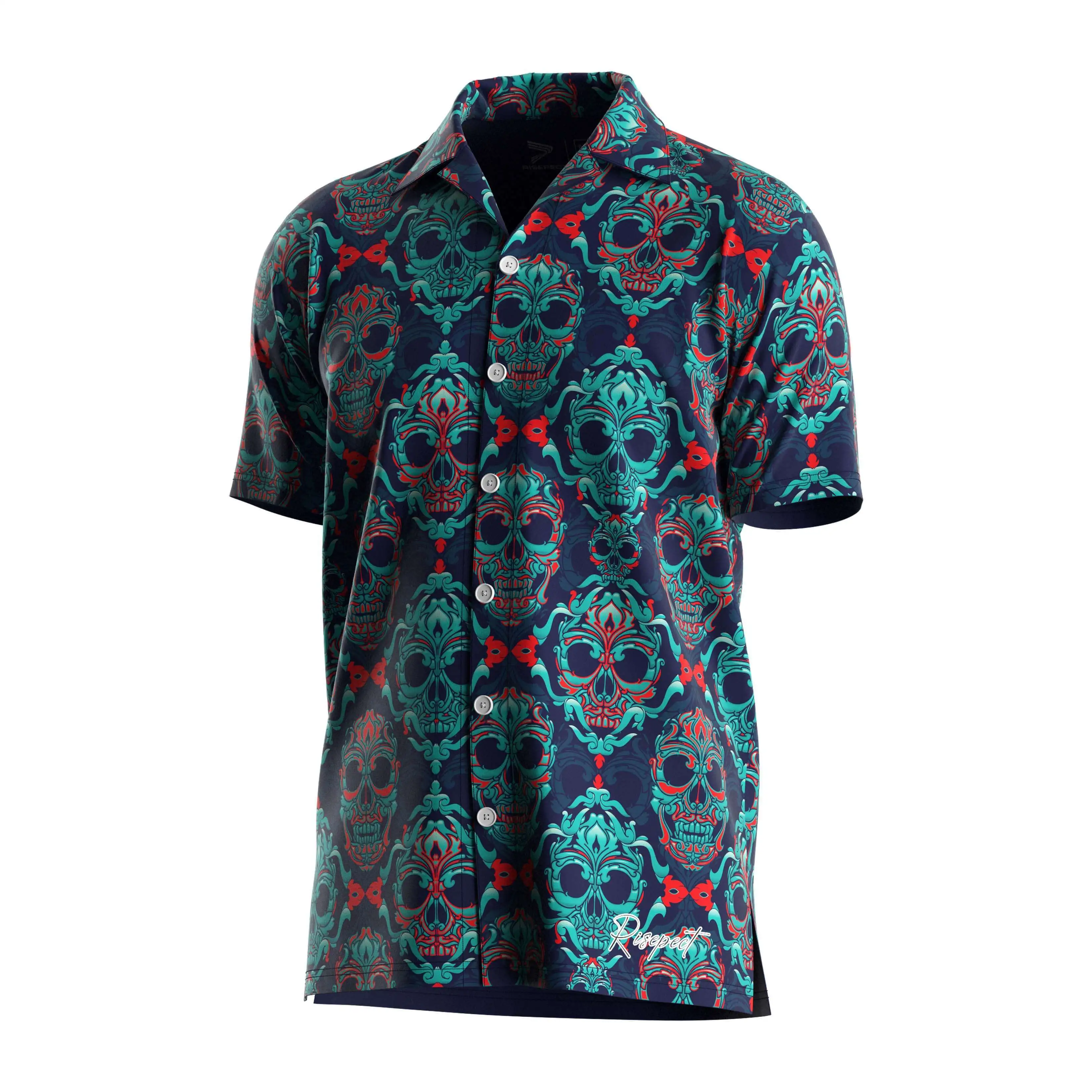 RISE hawaii shirt in style 100% polyester beach wear Red and green skull V Neck short sleeves with button down 1