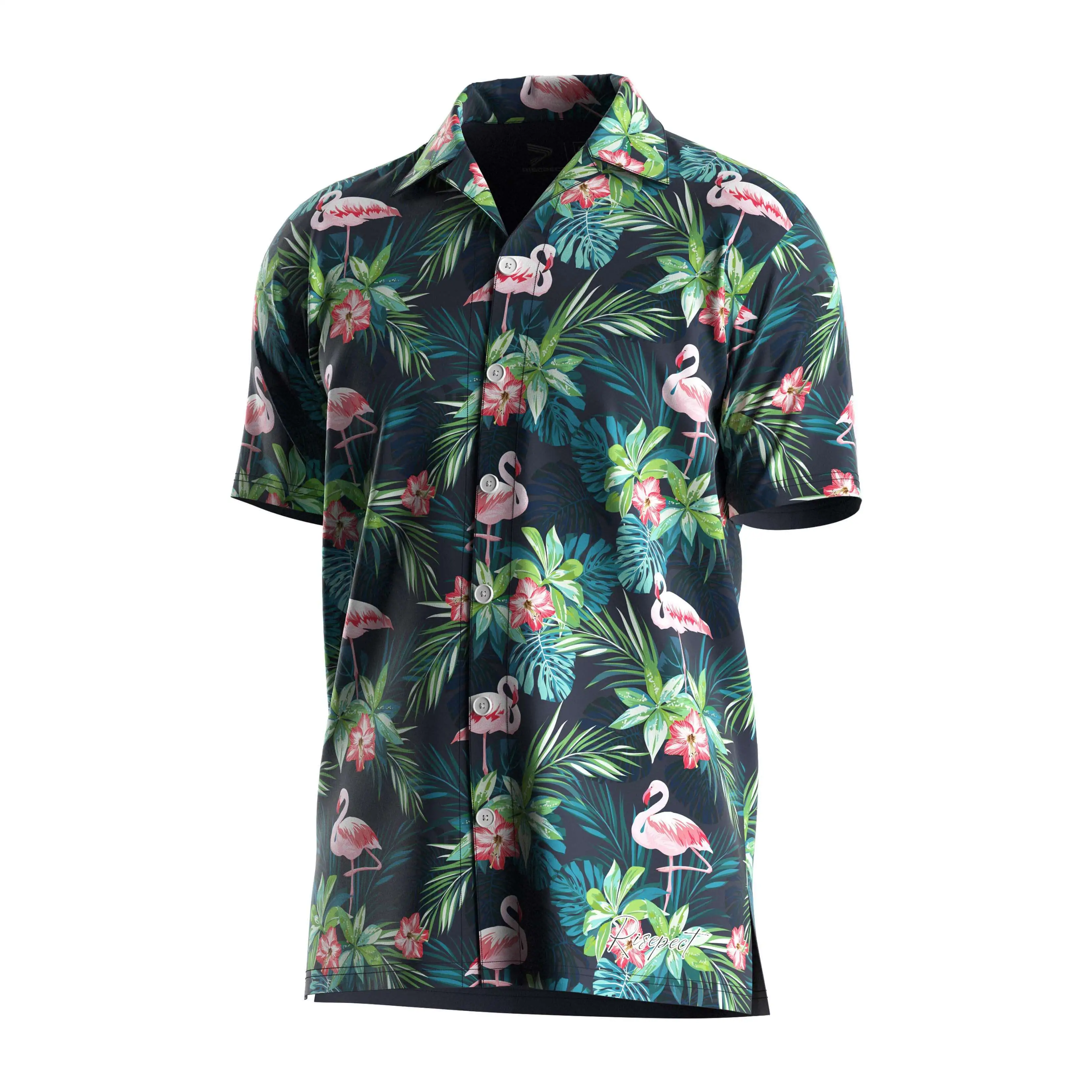 RISE hawaii shirts personal quick dry fabric beach wear Pink flamingo plant V Neck short sleeves with button down 1