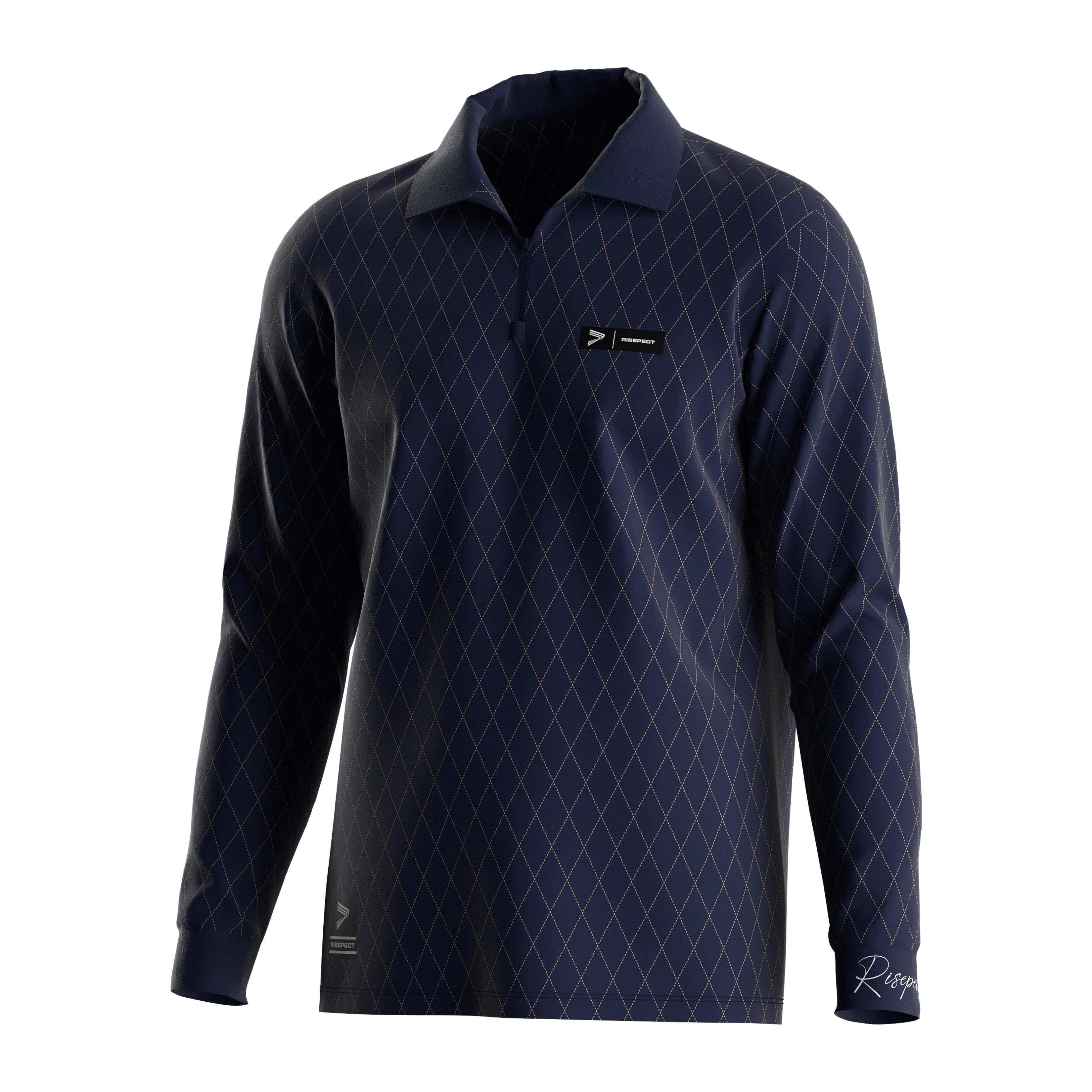 RISE Breathable Slim-Fit Golf Blue Diagonal Checkered Polo Zip LS 1