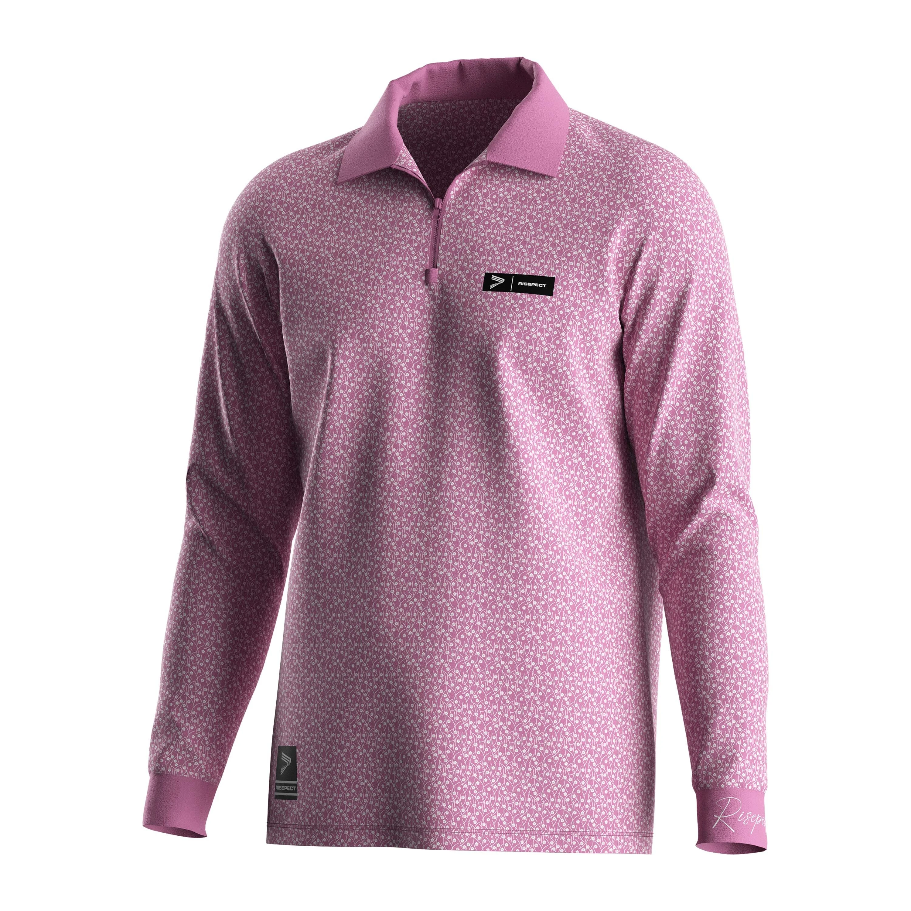 RISE White Floral Print Golf Zip Polo Shirt LS with Pink Base 1