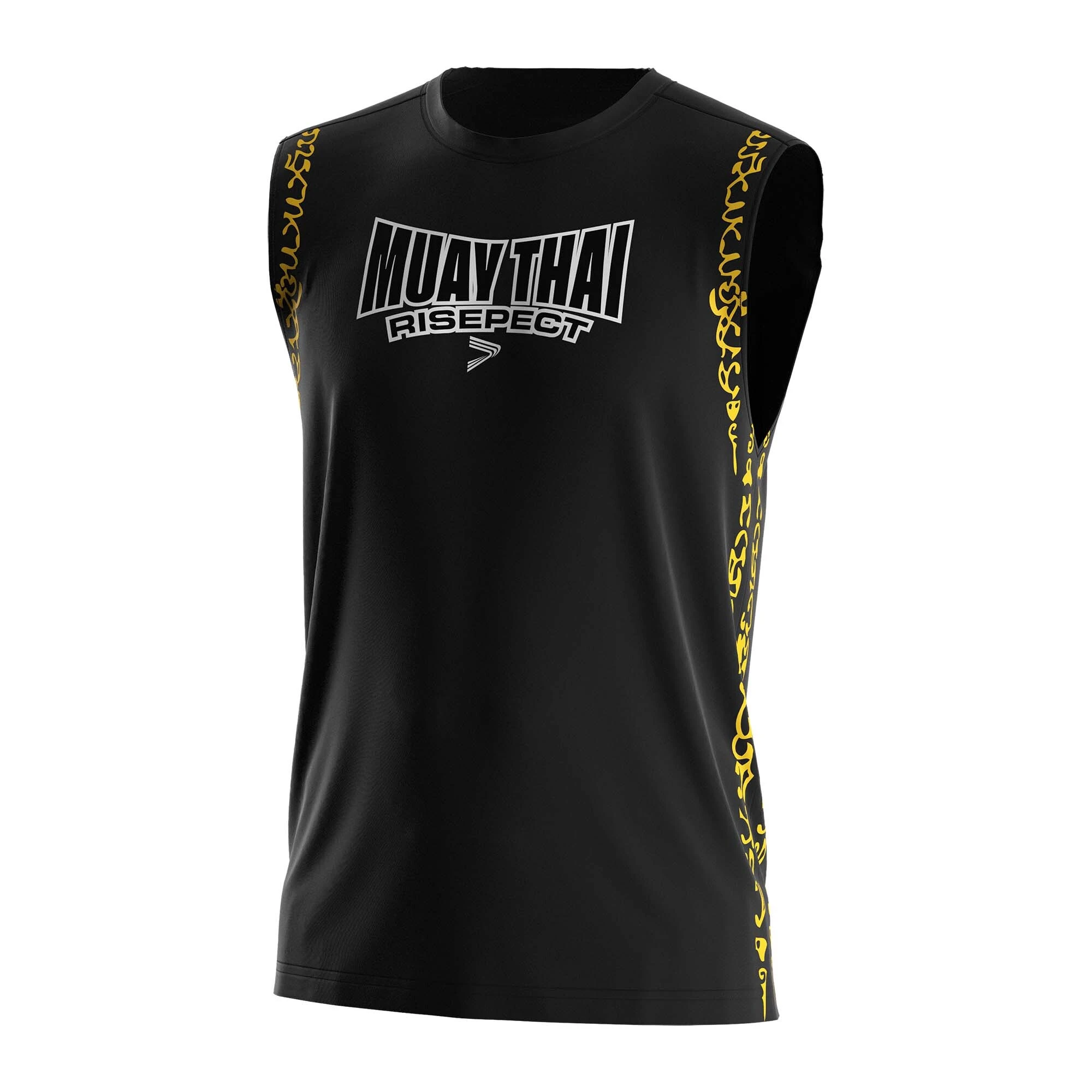 Black Muay Thai Sleeveless Shirts With Golden Thai Buddhist Text 1
