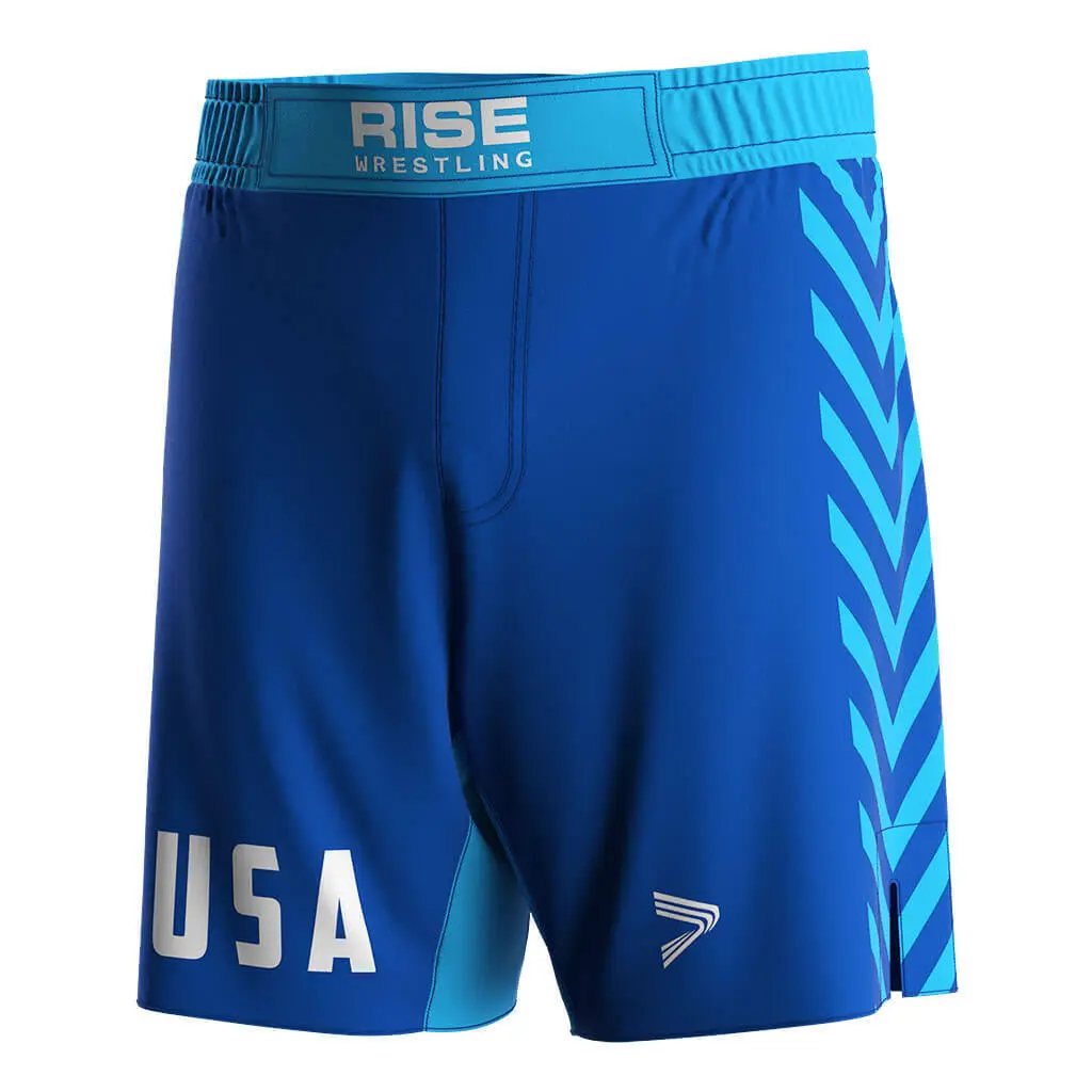 Comfortable Wrestling Shorts Blue with Custom Logos Images Supplier 1