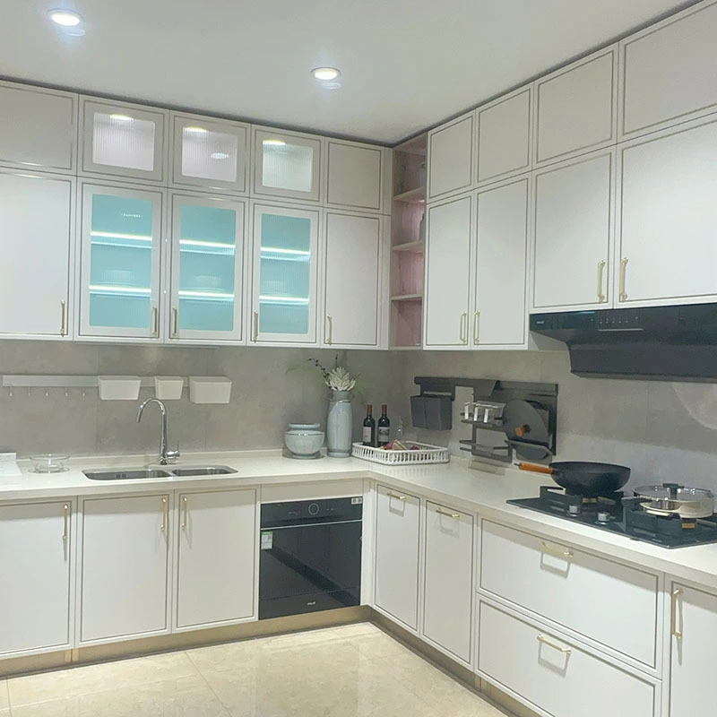 Mueble de cocina blanco agitador de luz con puerta frontal de vidrio con luz LED 1