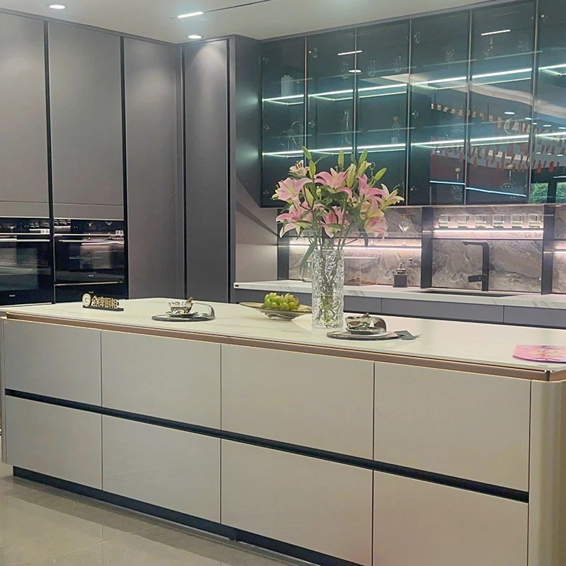 Glass front kitchen cabinet with Fingerless lacquer painting and curved island 1