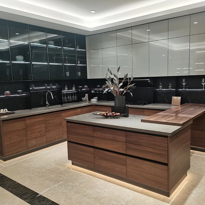 Glass and Mirror front kitchen cabinet with adjustable counter. 1