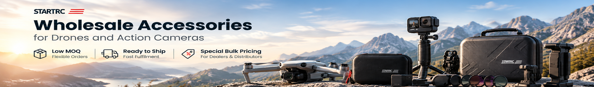STARTRC drone and action camera accessories, including carrying cases, filters and camera mounts