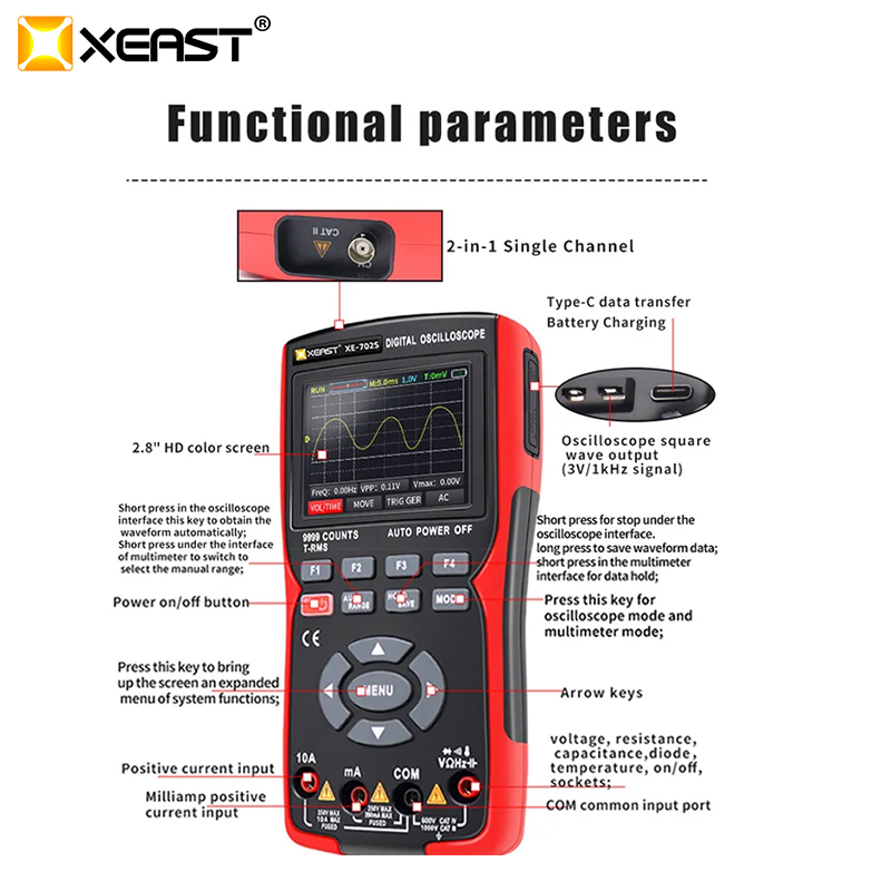 XEAST XE-702S 2 in 1 Digital Oscilloscope Multimeter 48MSa/s 10Mhz 999