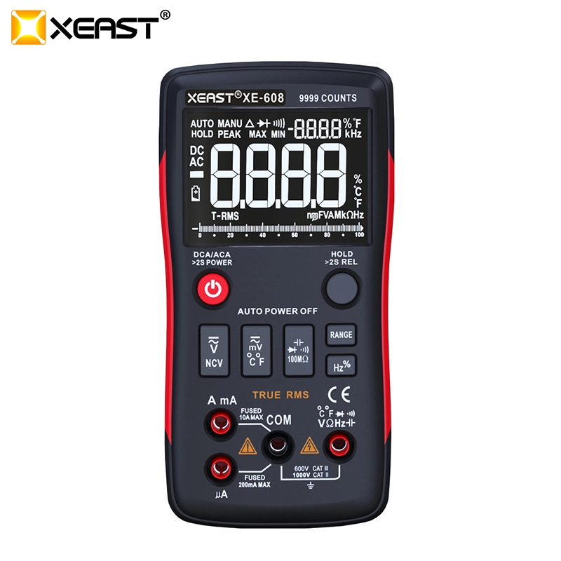 디지털 멀티 미터 XEAST XE-608 T-RMS 자동 범위 EBTN LCD DC AC 전압계 전류계 전류 커패시터 옴 온도 Hz NCV 테스터 1