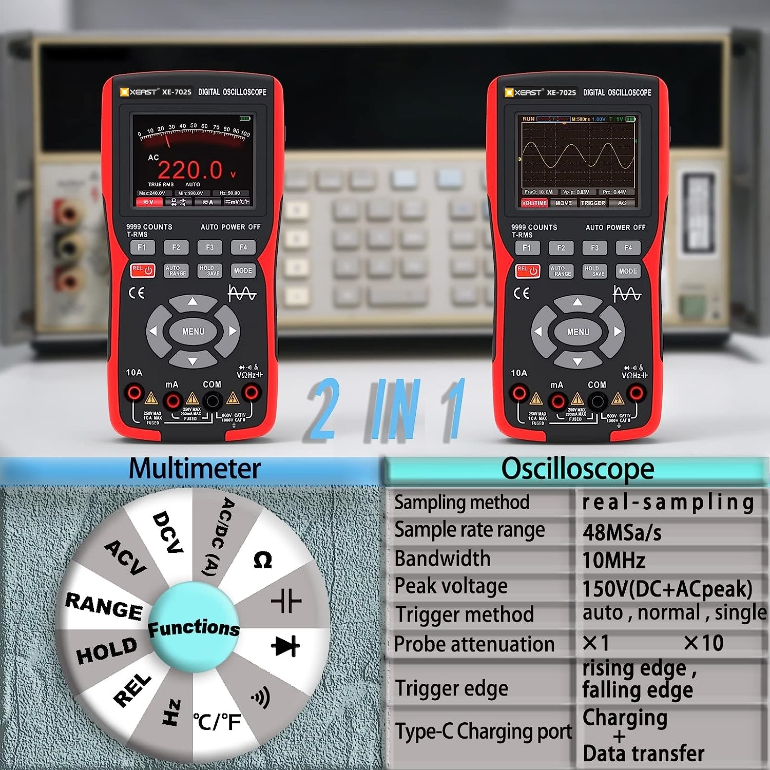 XEAST XE-702S 2 in 1 디지털 오실로스코프 멀티미터 48MSa/s 10Mhz 9999 True RMS PC 파형 데이터 저장 테스트 도구 카운트 1
