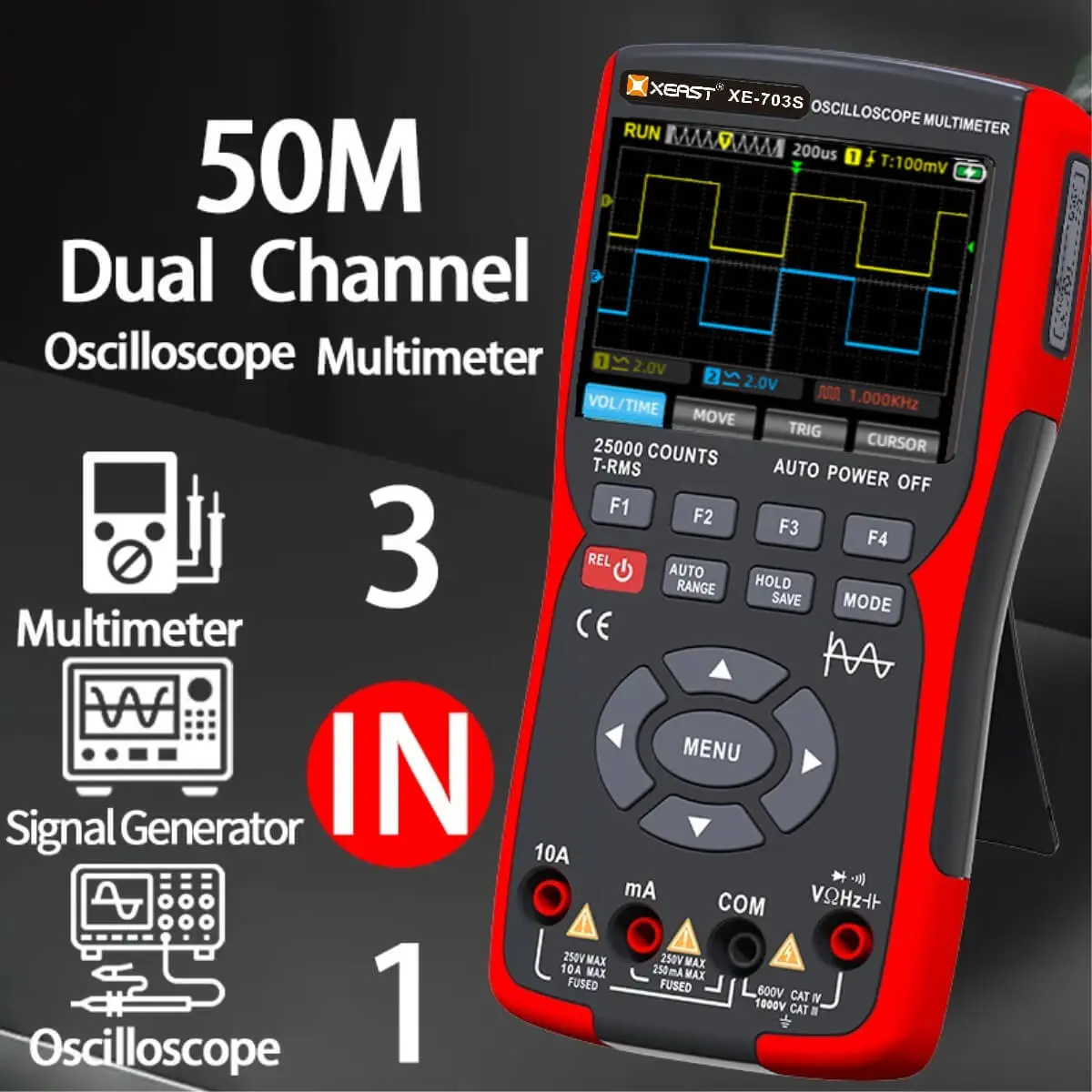 XEAST XE-703S 3 in 1 휴대용 디지털 자동차 오실로스코프 멀티미터 이중 채널 50MHZ 대역폭 280MSa/s 높은 샘플링 속도 25000카운트 Amp Ohm 전압계 테스터 전압/전류 테스트 1