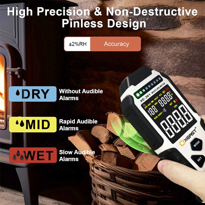 XEAST 3 in 1 Digital Wood Moisture Meter XE-361 Ambient Temp Humidity Timber Damp Detector Pinless Moisture Tester 2.8 color LED display screen 3 color LED Alarm 1