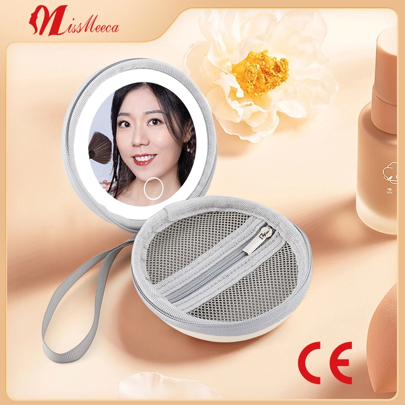 Miroir de maquillage éclairé portable rond en PU 1