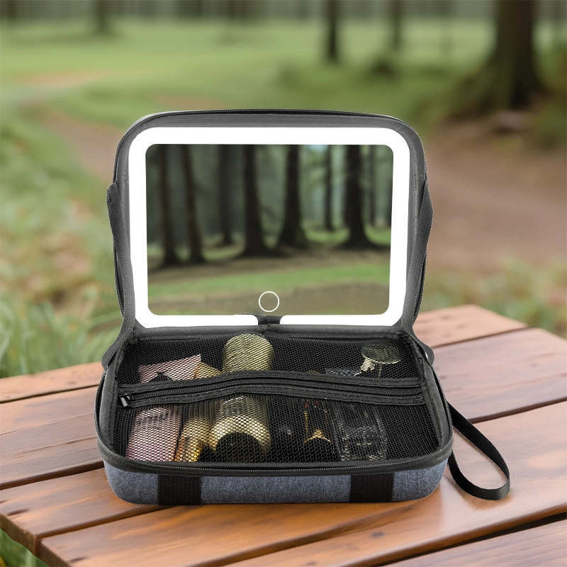 Camping travel makeup bag with mirror and lights 1