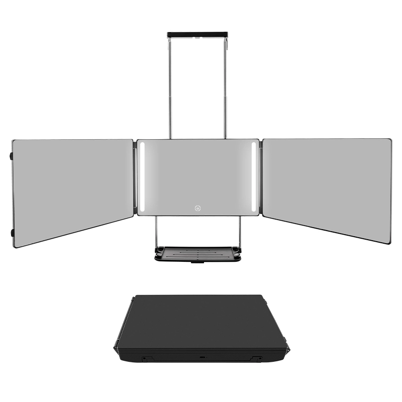 Adjustable 360° tri-fold haircutting mirror, haircutting mirror with tray, self-cutting three-way hanging door makeup mirror 1